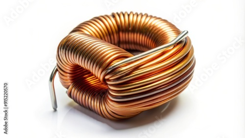 Isolated inductor coil with copper wire and ferrite core on white background, focused on the center with shallow depth of field and soft lighting.