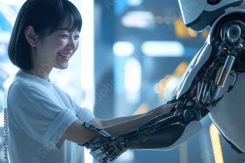 A young woman smiles as she gently touches the arm of a humanoid robot in a modern, illuminated environment