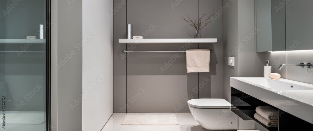 A sleek, modern bathroom featuring minimalist design and elegant grey tones, perfect for relaxation and functionality A sleek, modern bathroom featuring minimalist design and elegant grey tones, perfect for relaxation and functionality