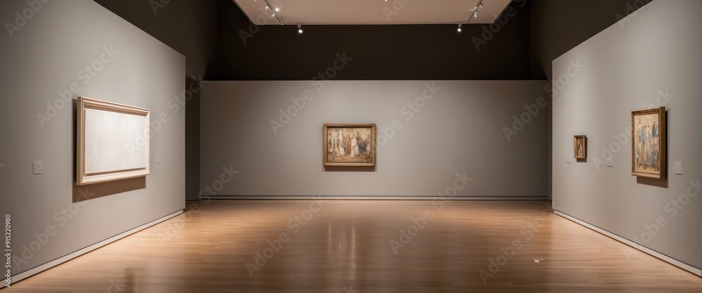 A serene gallery space showcasing paintings, emphasizing modern art and a tranquil atmosphere A serene gallery space showcasing paintings, emphasizing modern art and a tranquil atmosphere