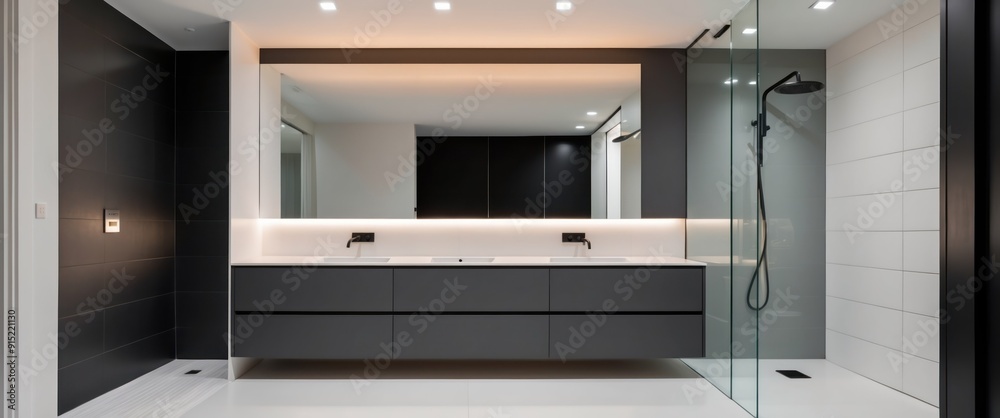 A sleek, modern bathroom featuring minimalist design elements and elegant lighting A sleek, modern bathroom featuring minimalist design elements and elegant lighting
