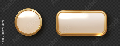 Golden button isolated. Realistic banner with golden frame. Isolated 3d design element, golden glossy label.