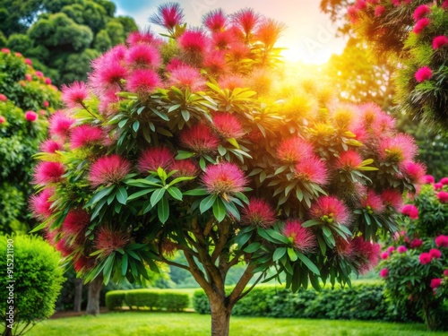 Vibrant pink Syzygium flowers bloom on a lush green tree, surrounded by delicate leaves and soft sunlight, exuding a sense of tropical serenity and beauty.