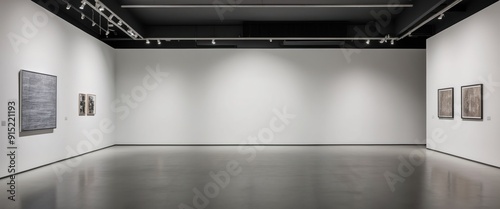 A modern, minimalist art gallery featuring empty walls and sleek lighting, ideal for showcasing contemporary artwork