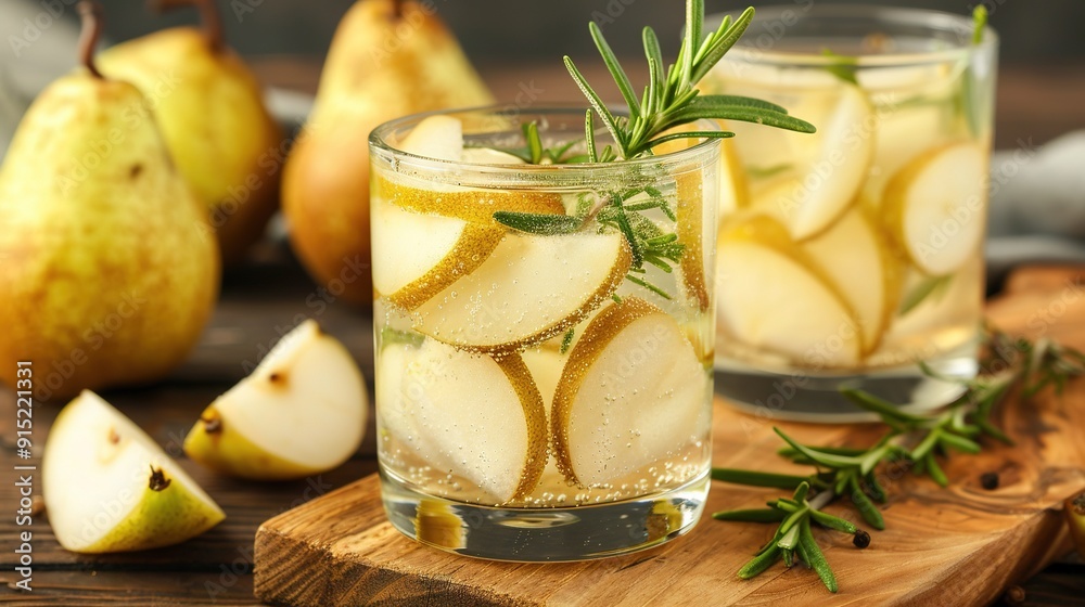 A close-up of a glass of water with pears and rosemary on a cutting board alongside pears A close-up of a glass of water with pears and rosemary on a cutting board alongside pears