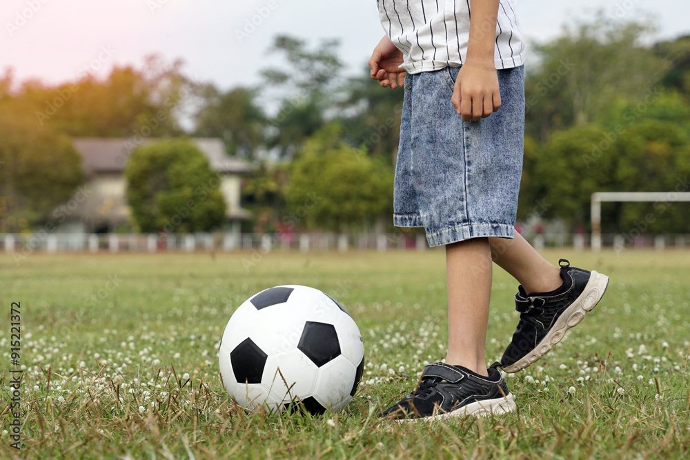 Fototapeta premium Asian boy kicking ball in soccer field. Concept. outdoor activity, sport, playground, leisure activity. Soft and selective focus.