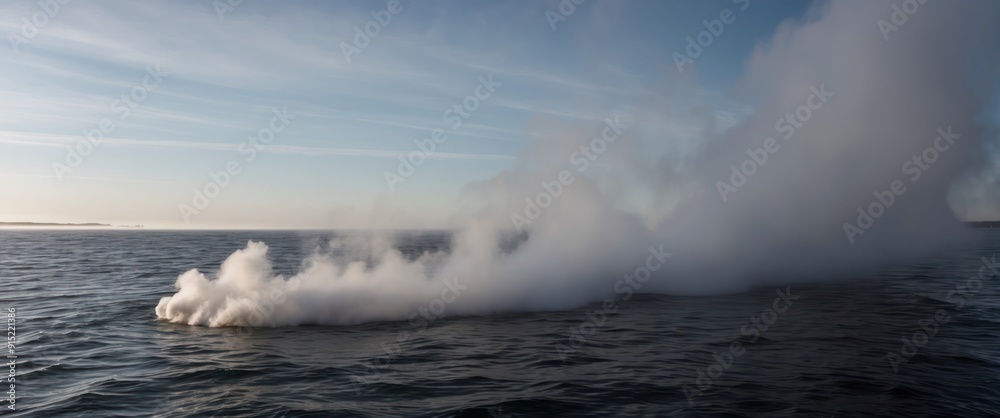 Naklejka premium A serene ocean scene depicting mist rising from the water, capturing the essence of tranquility and natural beauty