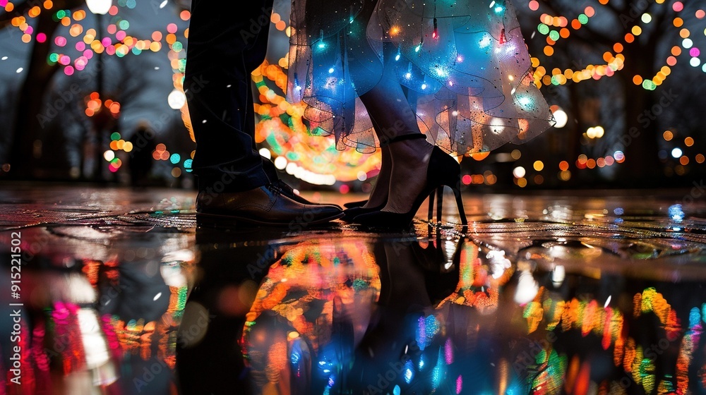 A man and woman stand beside a Christmas tree with lit lights in the background A man and woman stand beside a Christmas tree with lit lights in the background