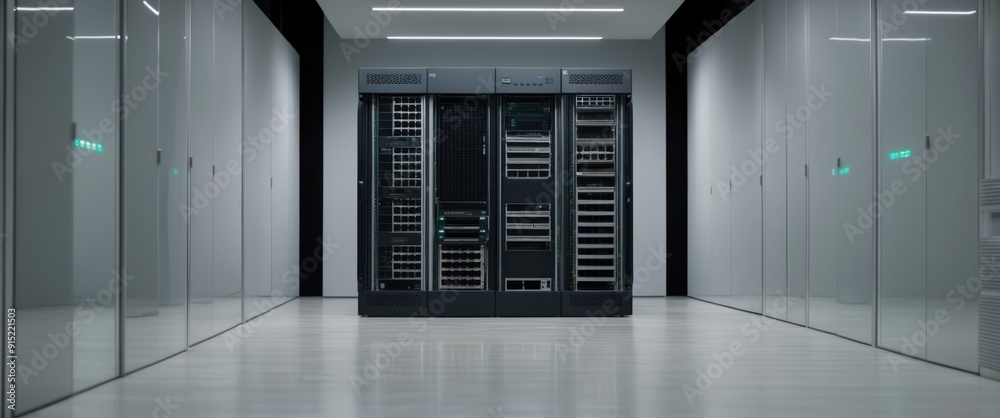 A sleek data center showcasing modern server technology in a secure environment, emphasizing connectivity and performance A sleek data center showcasing modern server technology in a secure environment, emphasizing connectivity and performance