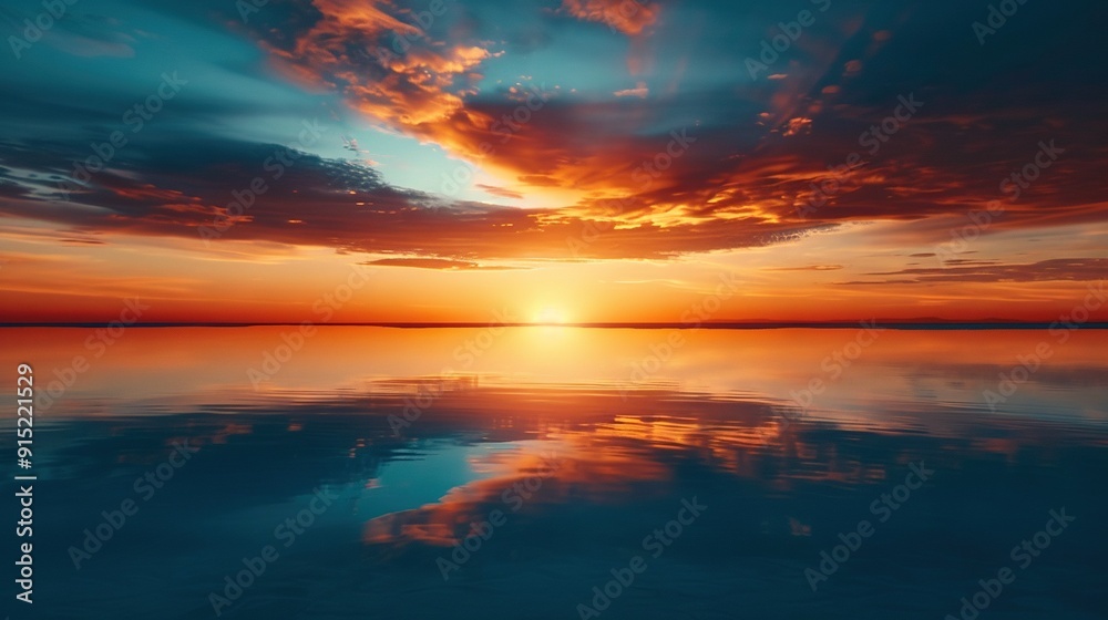 A vast expanse of water mirrors the sun and sky as it sets above the horizon, casting a reflection A vast expanse of water mirrors the sun and sky as it sets above the horizon, casting a reflection