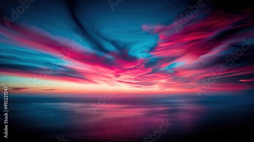  Red and blue skies reflect on water during sunset far away