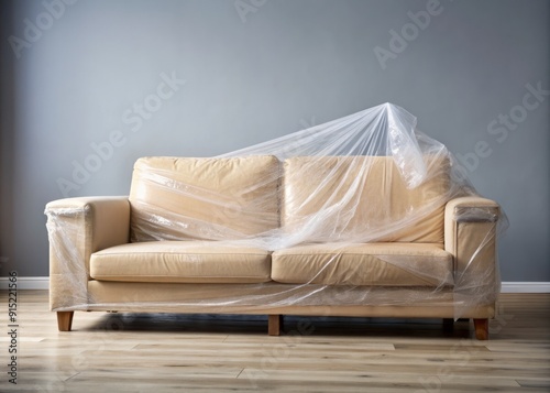 Cream-colored sofa wrapped in clear plastic, surrounded by rolls of bubble wrap and packing tape, against a light gray background in a modern living room.