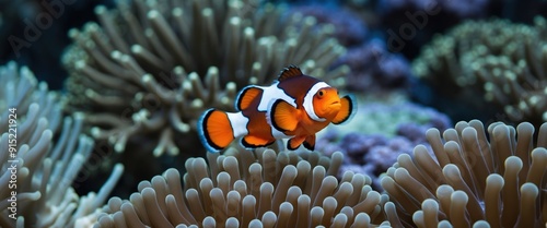 A vibrant clownfish swimming among colorful coral, showcasing the beauty of marine life and underwater ecosystems