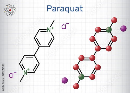 Paraquat, methyl viologen  molecule. It is herbicide, pesticide. Structural chemical formula, molecule model. Sheet of paper in a cage