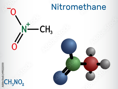 Nitromethane molecule. Structural chemical formula and molecule modell