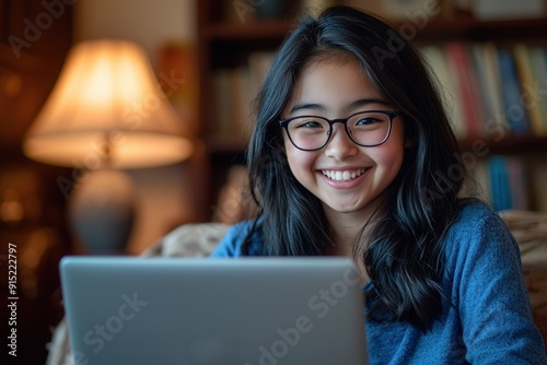 A young girl with glasses is smiling while using a laptop in a warmly lit room filled with books and a comfortable ambiance