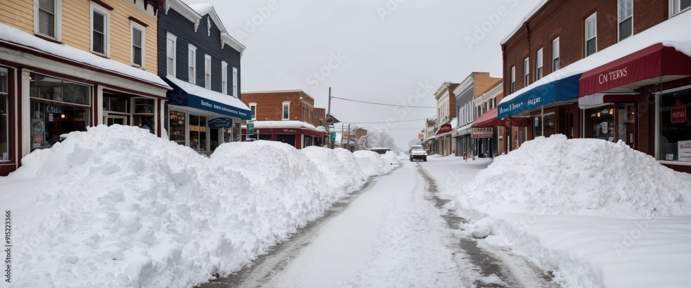 Obraz premium A quiet, snow covered street in a quaint town captures the serene beauty of winter and the charm of local shops
