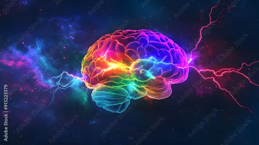 A human brain with colorful lightning and energy flowing through it, set against a dark background