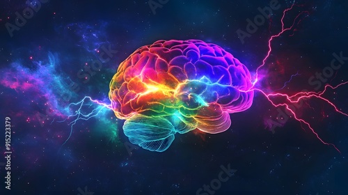 A human brain with colorful lightning and energy flowing through it, set against a dark background