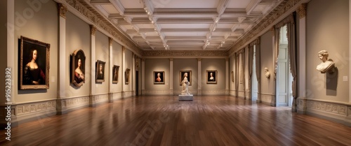 A stunning art gallery showcasing classic paintings and sculptures, offering a glimpse into cultural history