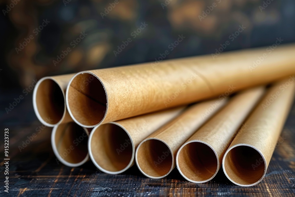 A collection of brown paper tubes stacked on a wooden table, ideal for creative projects or crafts A collection of brown paper tubes stacked on a wooden table, ideal for creative projects or crafts