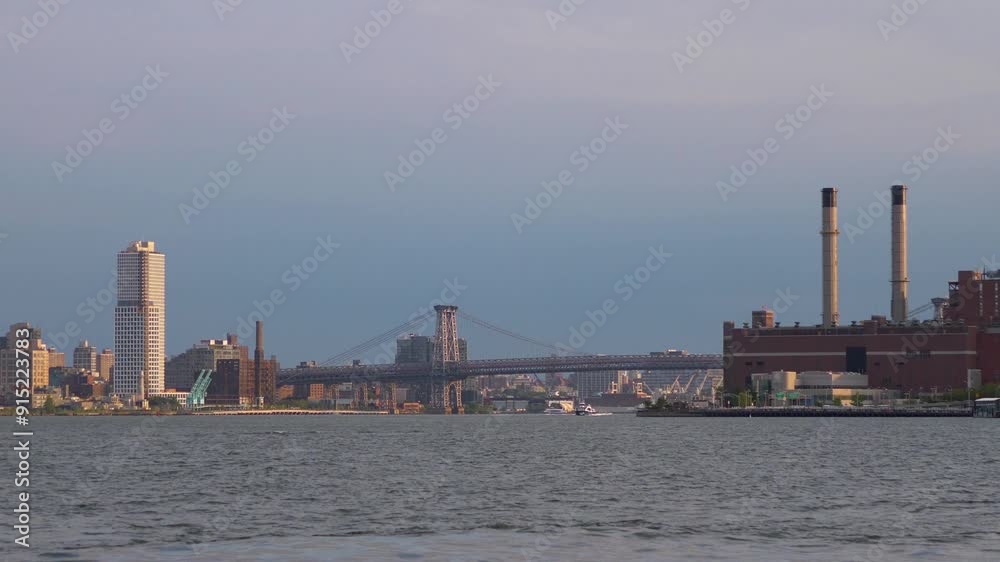 Ship cruise with a view to the skyscrapers of New York City and New Jersey in 4k slow motion 60fps