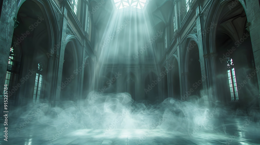 Fototapeta premium abstract renaissance empty big hall dark gothic light and smoke room