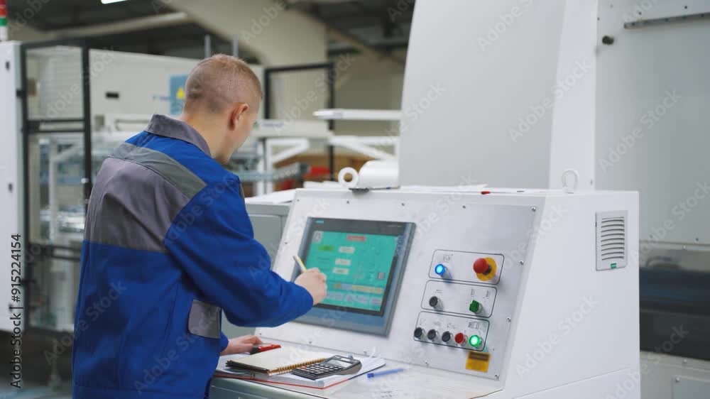 Worker repairs, adjusts operation of production equipment at factory. Employee at corrugated cardboard factory operates CNC machine. Analyzes work process indicators. High-tech cardboard production. Worker repairs, adjusts operation of production equipment at factory. Employee at corrugated cardboard factory operates CNC machine. Analyzes work process indicators. High-tech cardboard production.