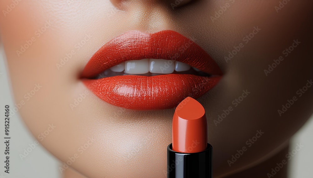 Obraz premium Woman holding a tube of orange lipstick near her lips for a beauty campaign concept. woman holding and applying orange lipstick on her lips for beauty campaign shot. tube of pigmented orange lipstick