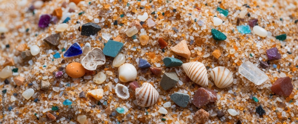 Close up of colorful sand and seashells, evoking a serene beach atmosphere perfect for travel and relaxation Close up of colorful sand and seashells, evoking a serene beach atmosphere perfect for travel and relaxation