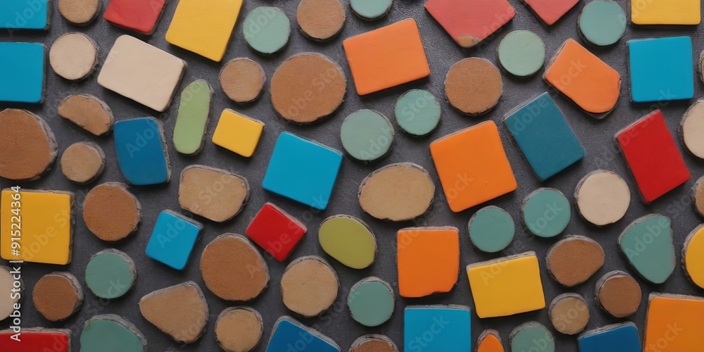 A mosaic of colorful tiles with a variety of shapes and sizes A mosaic of colorful tiles with a variety of shapes and sizes