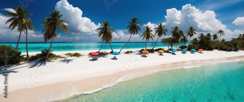 A serene tropical beach scene with palm trees, vibrant umbrellas, and turquoise waters, perfect for relaxation and vacation