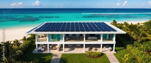 A modern beach house with solar panels overlooking a turquoise ocean, embodying luxury and sustainability photo