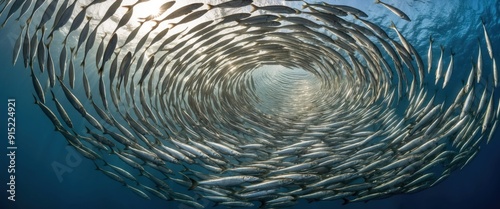 A mesmerizing school of fish creating a swirling pattern underwater, showcasing ocean life and biodiversity