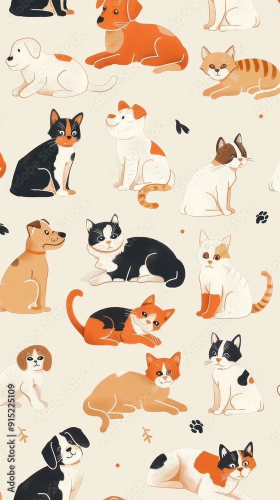 Fototapeta premium This design showcases colorful illustrations of different breeds of cats and dogs arranged artistically