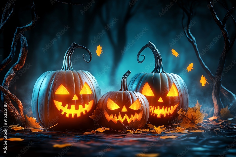 Naklejka premium Vibrant Halloween scene featuring glowing jack-o'-lanterns surrounded by autumn leaves in a mysterious twilight setting.