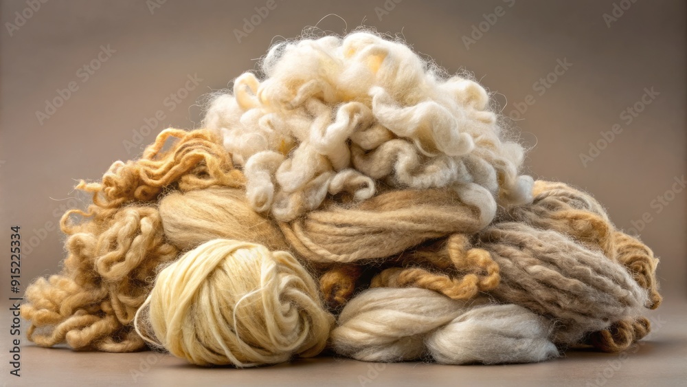 A bundle of raw, unprocessed wool fibers in their natural state, soft and curly, with varying lengths and colors, lit against a neutral background. A bundle of raw, unprocessed wool fibers in their natural state, soft and curly, with varying lengths and colors, lit against a neutral background.