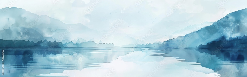 A watercolor painting depicts a serene lake surrounded by mountains ...
