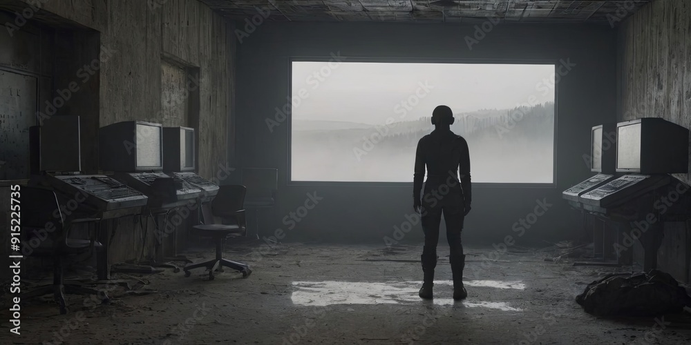 A man stands in a room with a large window and a computer monitor A man stands in a room with a large window and a computer monitor