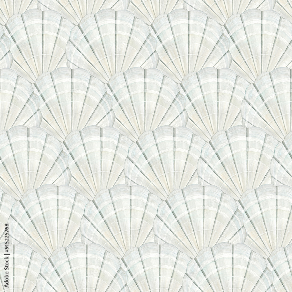 Fototapeta premium Sea Shells Scallops. Seamless Pattern on white background. Watercolor illustration in pastel colors. The drawing is hand drawn. Suitable for postcards, wallpaper and textiles.