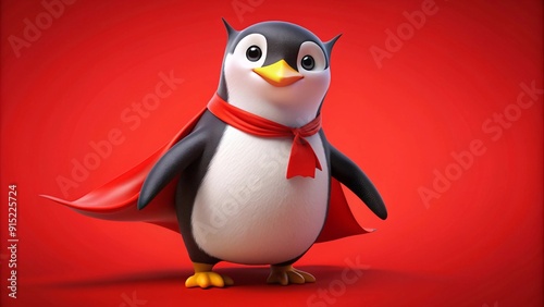 A penguin wearing a superhero cape, ready for action, isolated on red background , copy space,generative ai photo