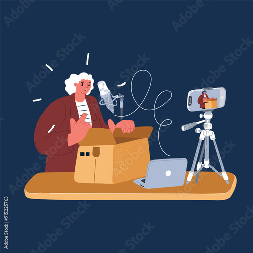 Cartoon vector illustration of woman unpacked boxes. Blogger. Making video over dark background
