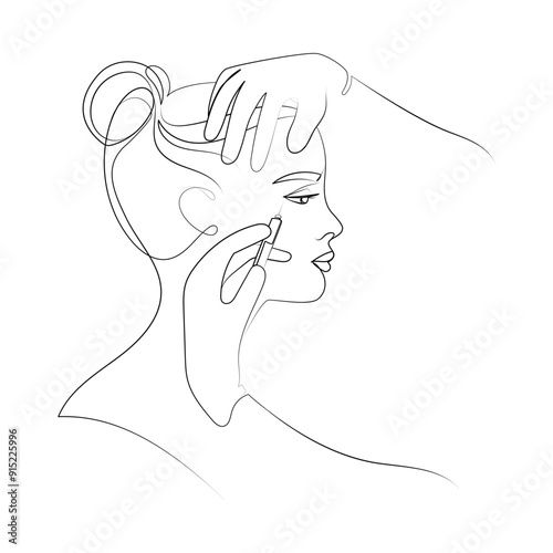 Beauty injection concept illustration Line art drawing. Cosmetologist or doctor's hands with a syringe make an injection into a woman's face line sketch drawing in modern minimalist style. Vector