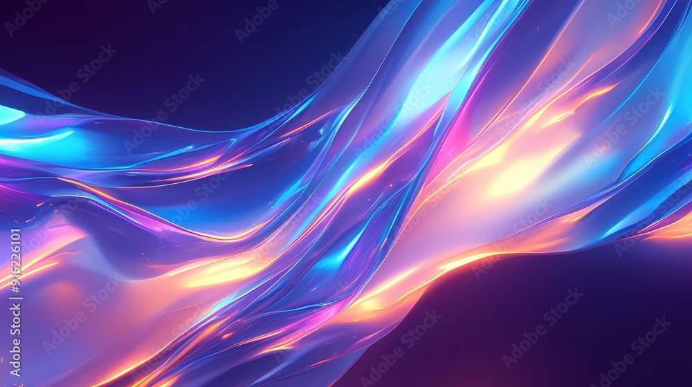 Naklejka premium Colorful waves of light iridescent flow gracefully in an abstract formation, showcasing a vibrant mix of hues against a dark background
