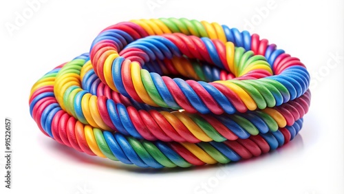 A colorful coil of elastic cord stretches to its limits, twisted and turned in a playful spiral shape, against a clean white background. photo