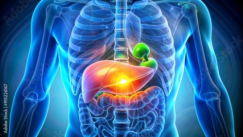 A colorful medical illustration of the gallbladder with inflamed walls, showcasing cholecystitis symptoms, complete with swollen tissues and an impacted gallstone. photo