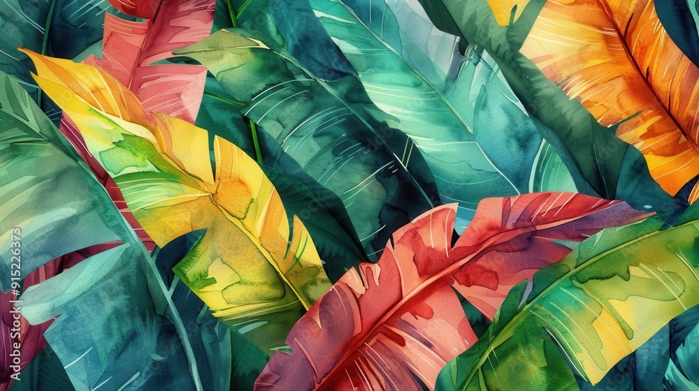 Naklejka premium A vibrant watercolor painting features a close-up view of tropical leaves in various shades of green, yellow, red, and orange. The leaves are layered and overlapping, creating a dynamic and textured c