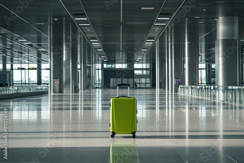 An ultramodern grey airport terminal with expansive grey floors and sleek, reflective surfaces features a single, brightly colored green suitcase