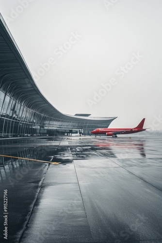 An ultramodern grey airport terminal with sleek lines and expansive grey tarmac is highlighted by a single, brightly colored red airplane, standing out against the muted backdrop.