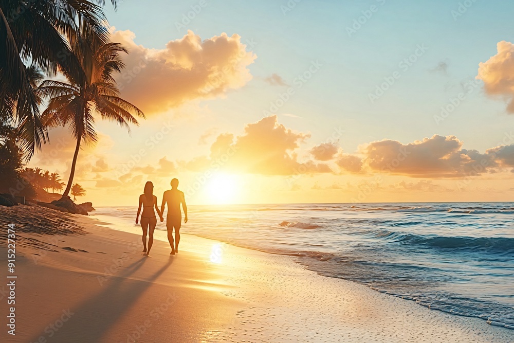 Couple walking on the beach at sunset holding hands under palm trees Couple walking on the beach at sunset holding hands under palm trees